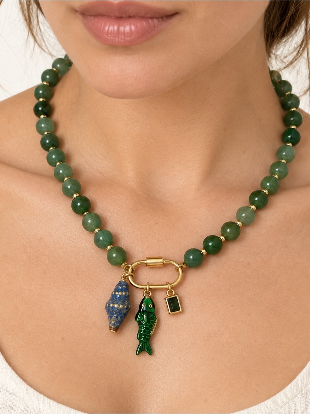 Green Beaded Coastal Fish & Shell Charm Necklace